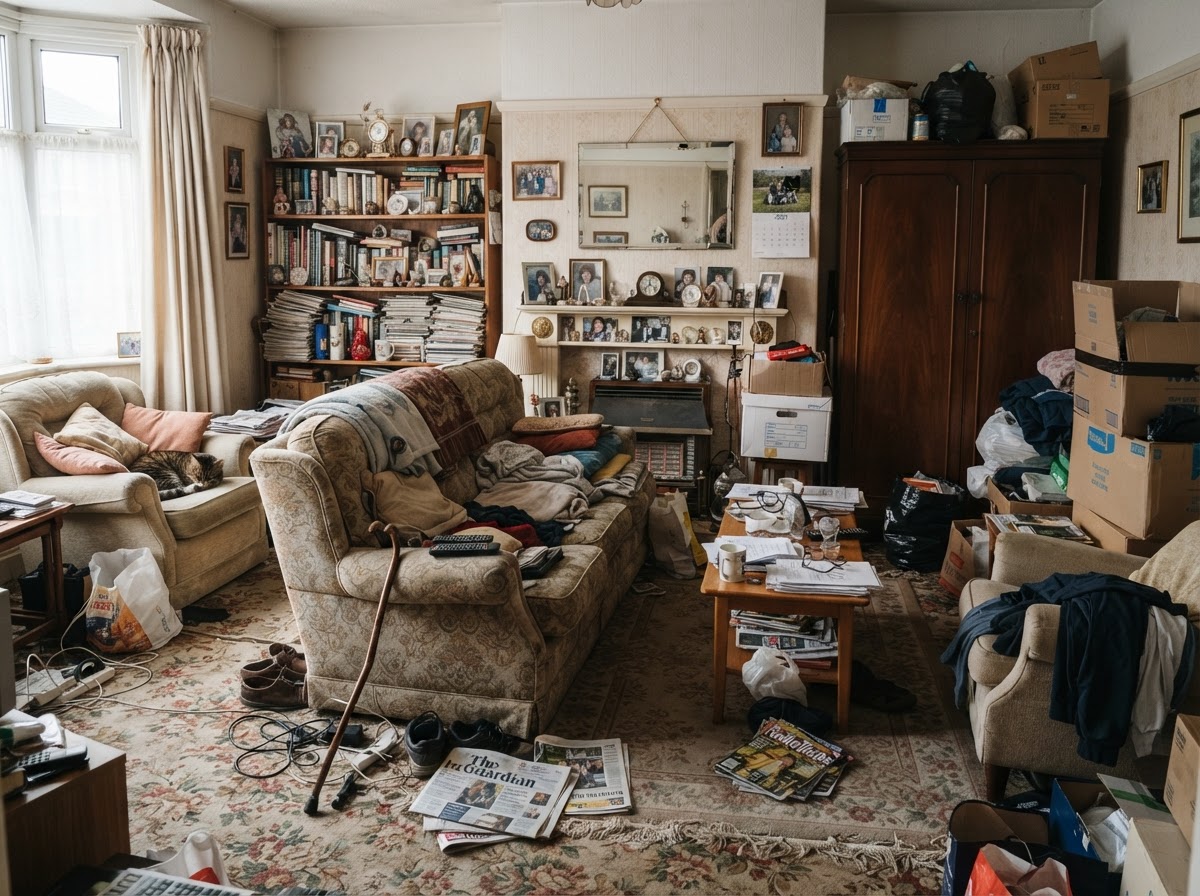 A cluttered Lichfield living room filled with boxes and unwanted items before a clearance