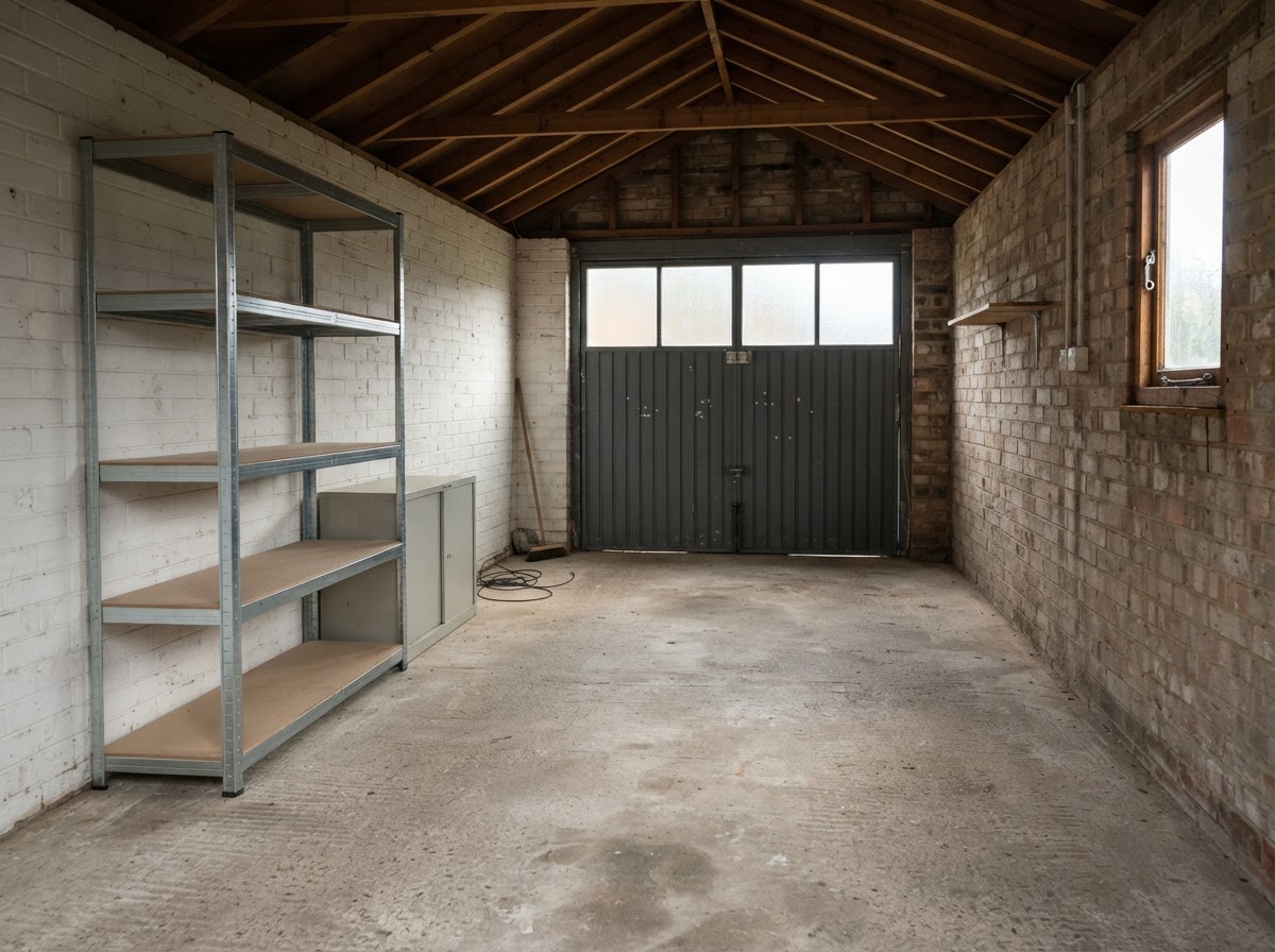 The same garage cleared, swept and empty after a professional clearance