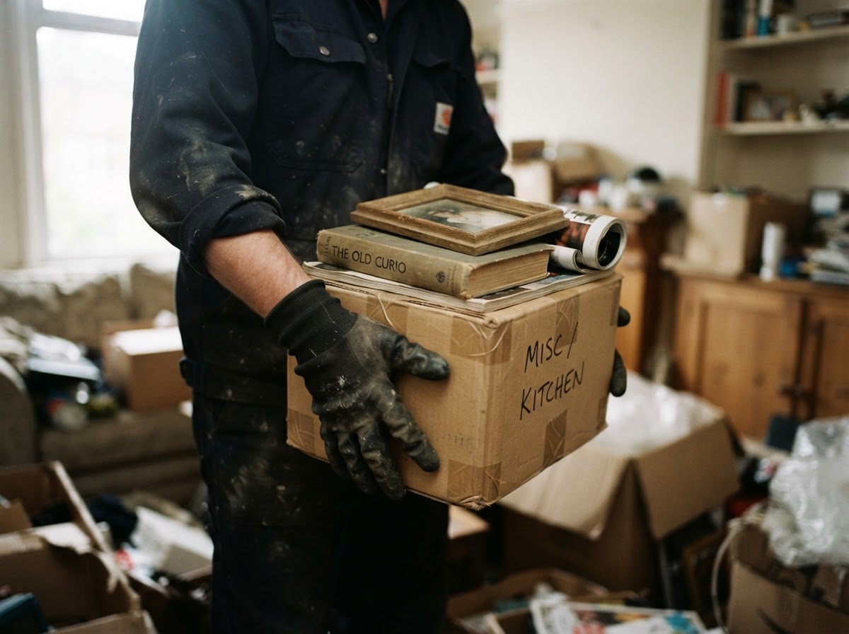 A clearance worker's gloved hands carefully lifting household belongings during a property clearance