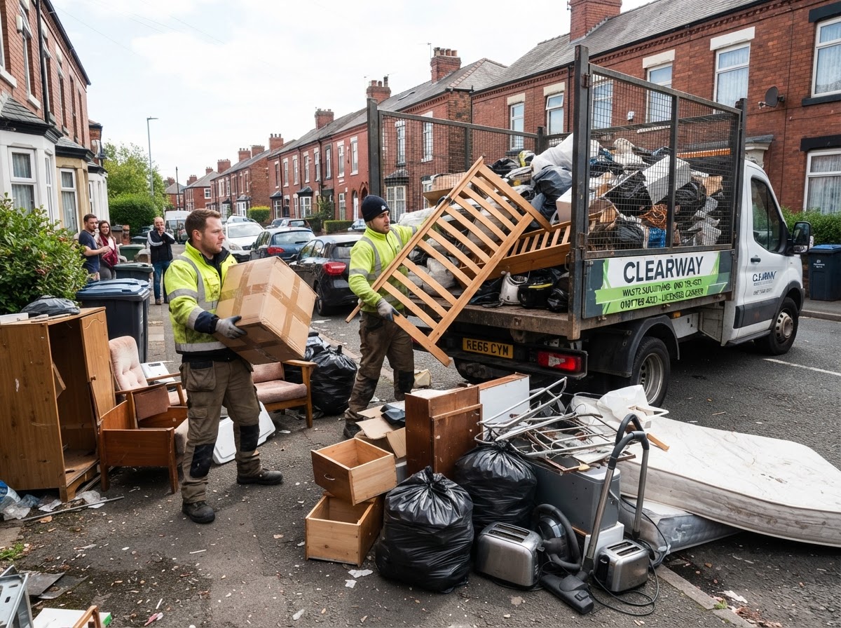 Mixed household waste and bulky items being sorted for responsible disposal