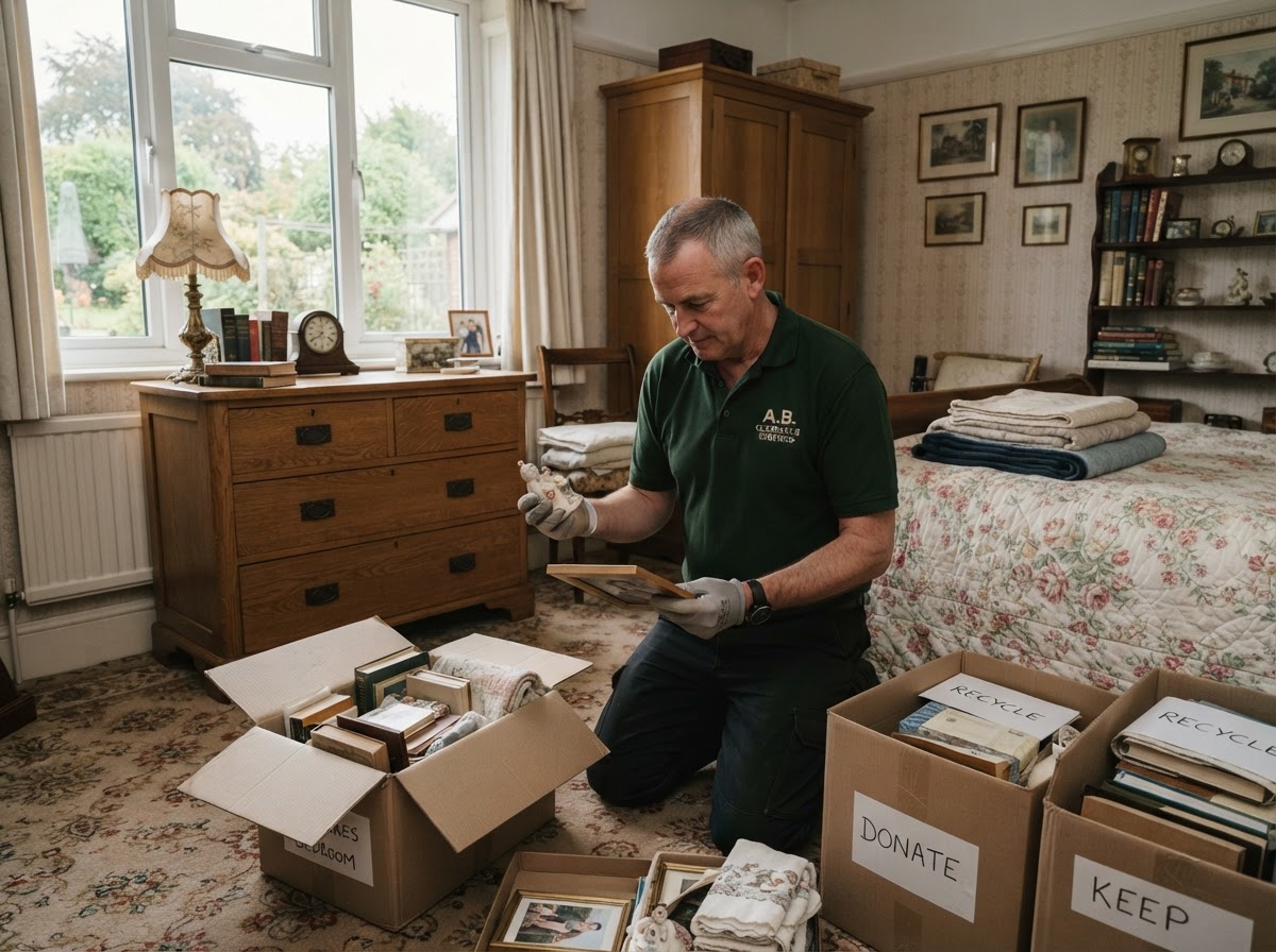 A bedroom respectfully cleared during a sensitive probate clearance