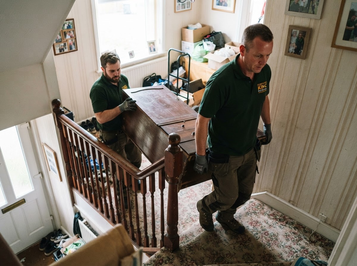 Furniture and household items being cleared from a bedroom