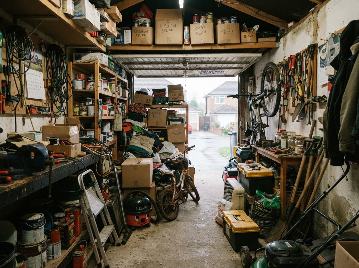 A cluttered British garage full of tools, boxes and stored items before clearance