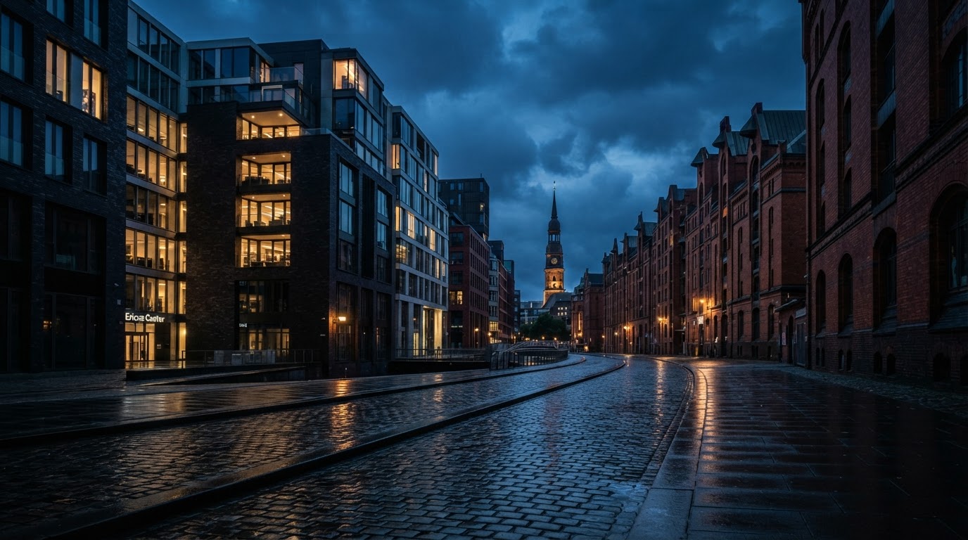 Urbane Straße in Bremen zur Blauen Stunde