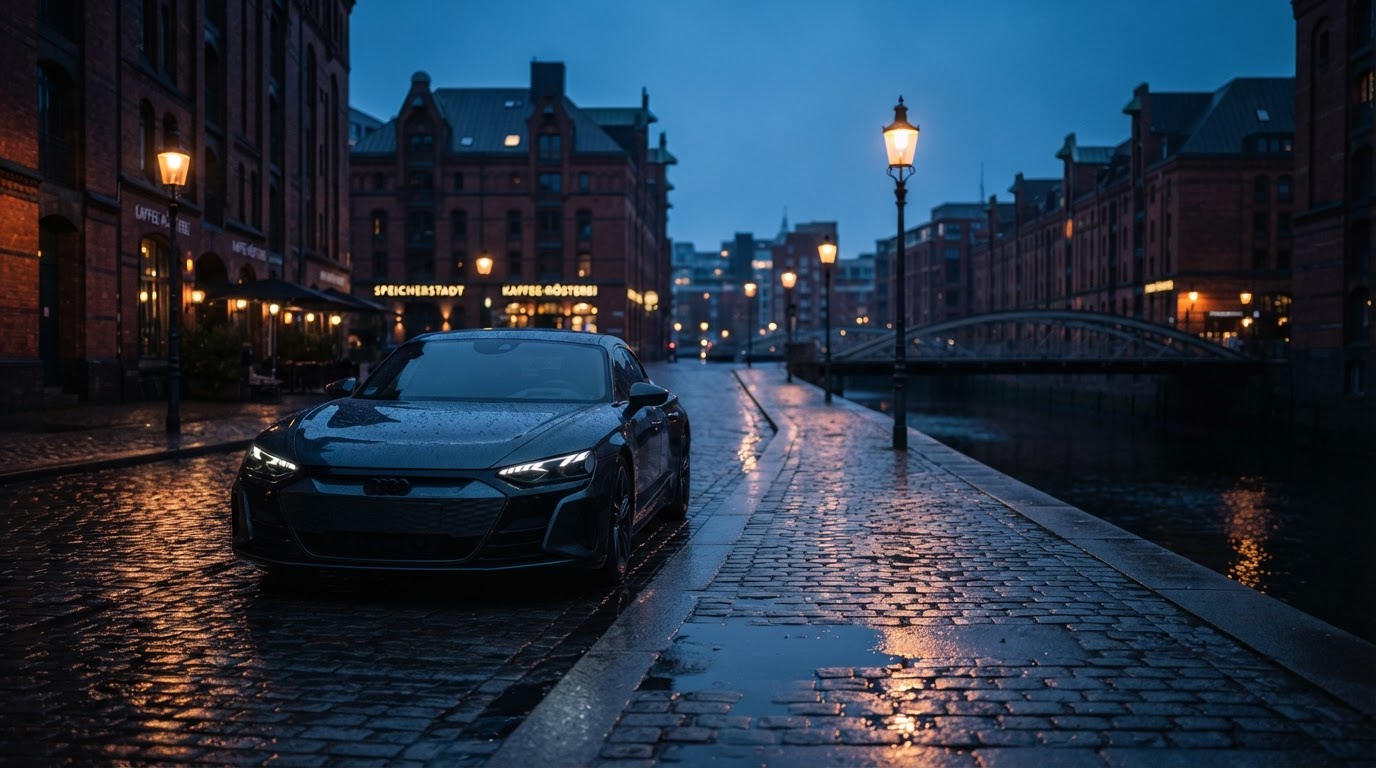 Cinematic Automobil-Szene in Bremen bei Einbruch der Dämmerung