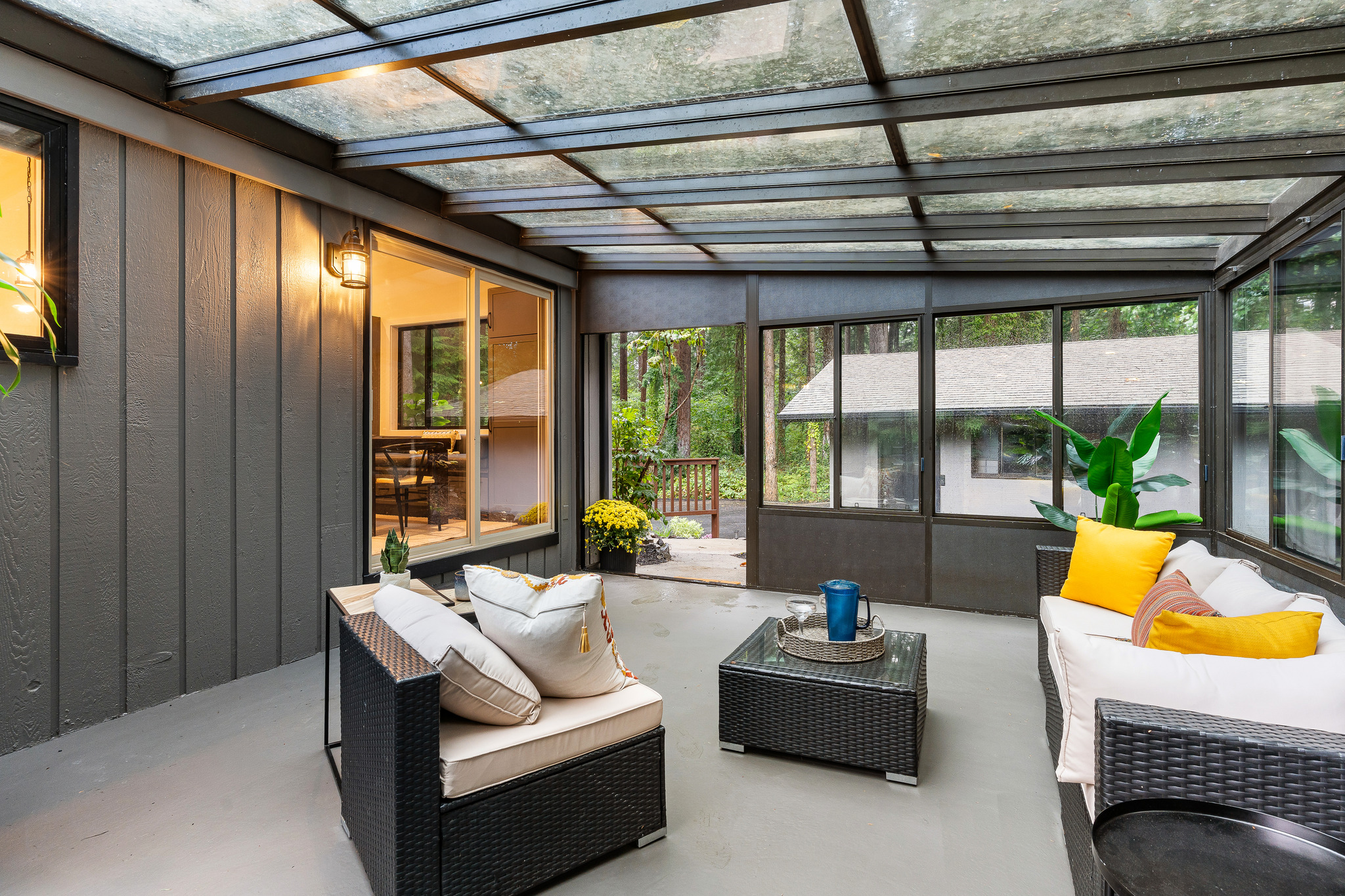 A sunroom that brings the green space inside.
