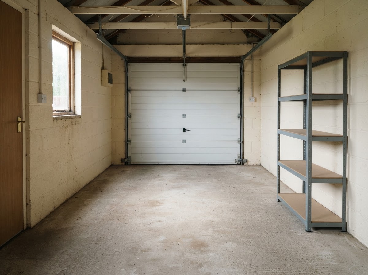 The same garage after clearance, empty and swept clean