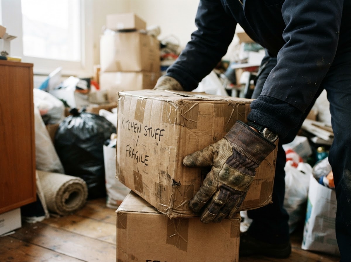 Close-up of a worker's gloved hands lifting a box