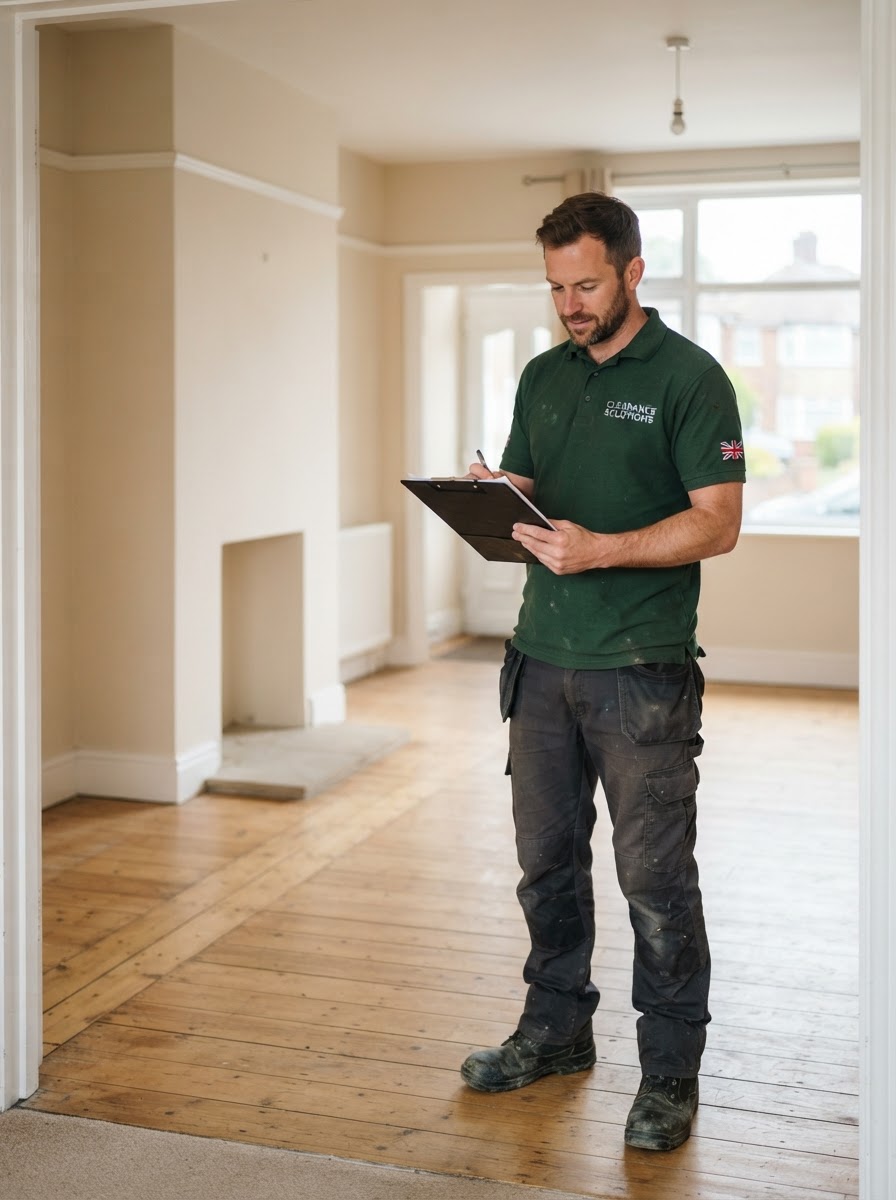 A Chase Clearance Co. team member in a cleared Cannock property
