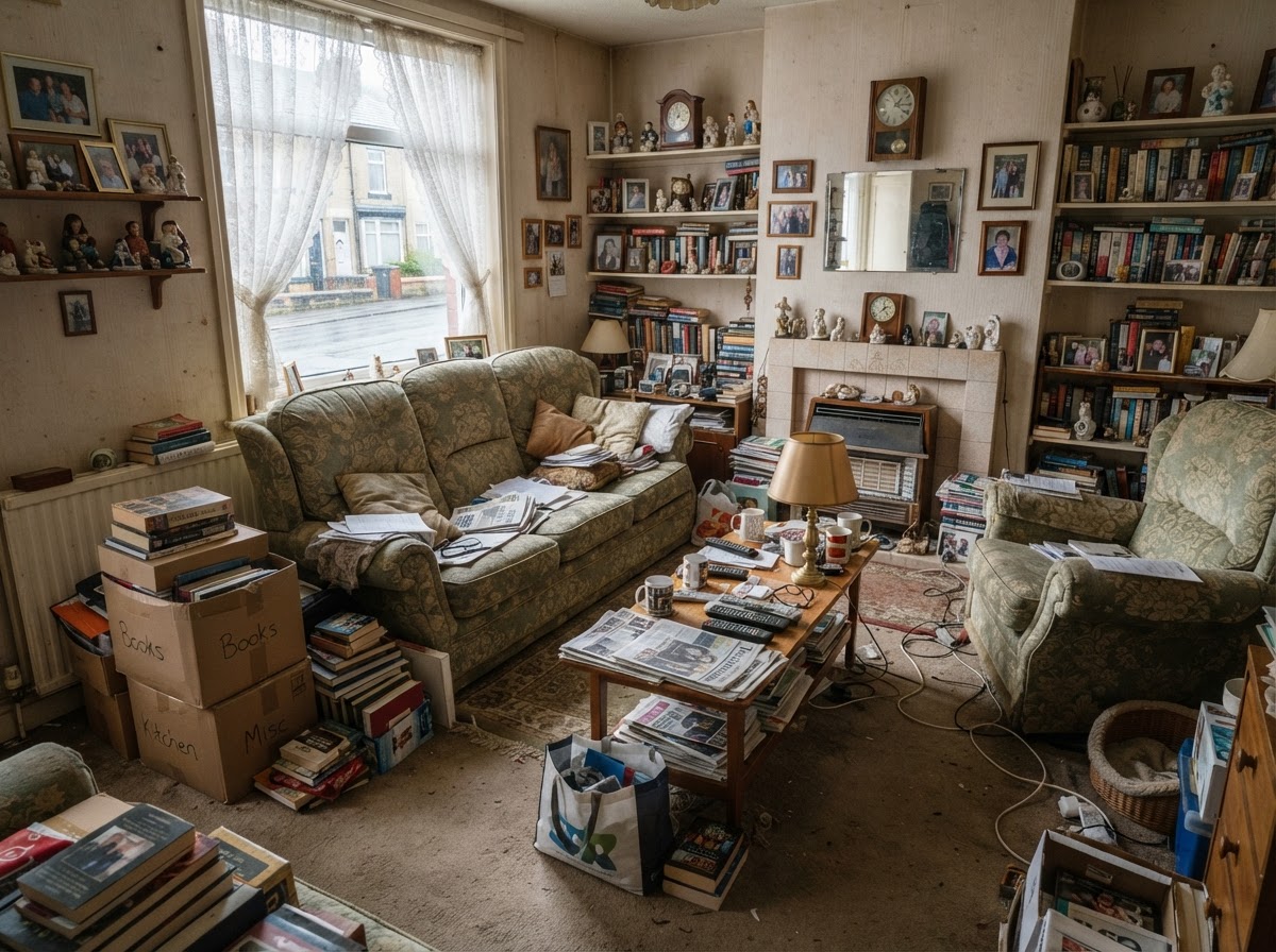A cluttered UK living room before clearance, with furniture and boxes