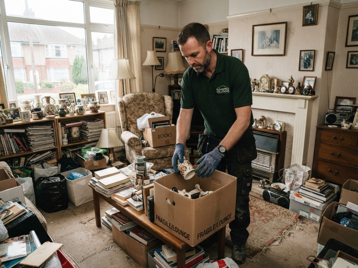 A clearance worker sorting household contents in a Cannock home