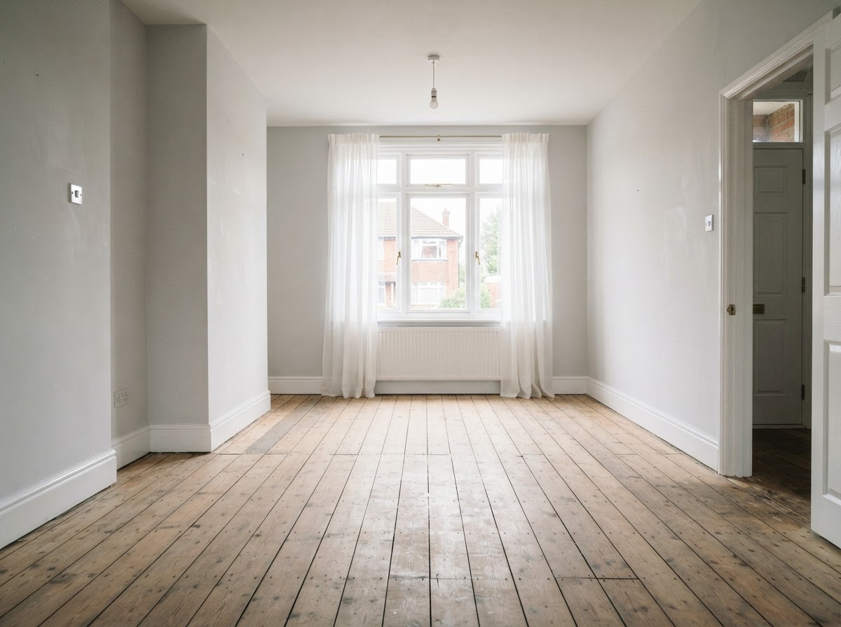 The same living room after a full house clearance, empty and swept