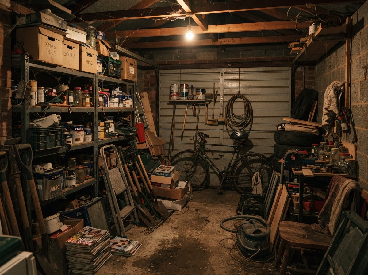 A cluttered British garage full of boxes and tools before clearance