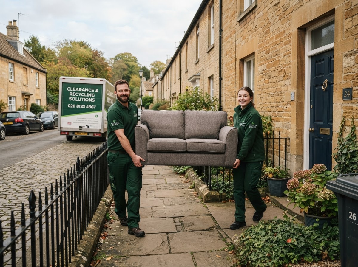 The clearance team carrying a sofa during a furniture clearance in Rugeley