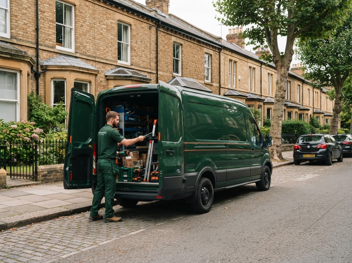 A clearance vehicle parked on a residential street