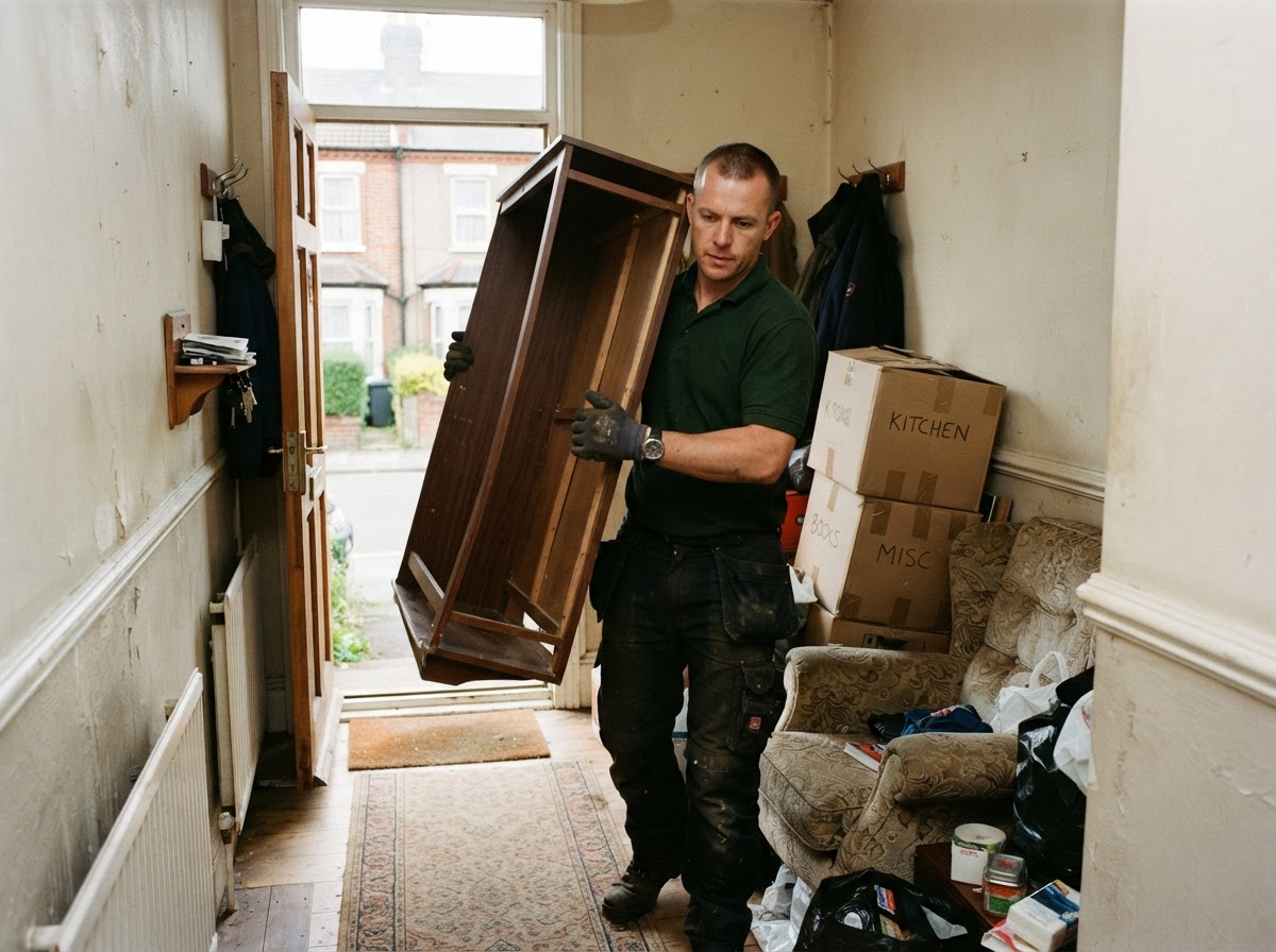 A clearance worker carrying a wooden wardrobe through a narrow hallway during a furniture clearance