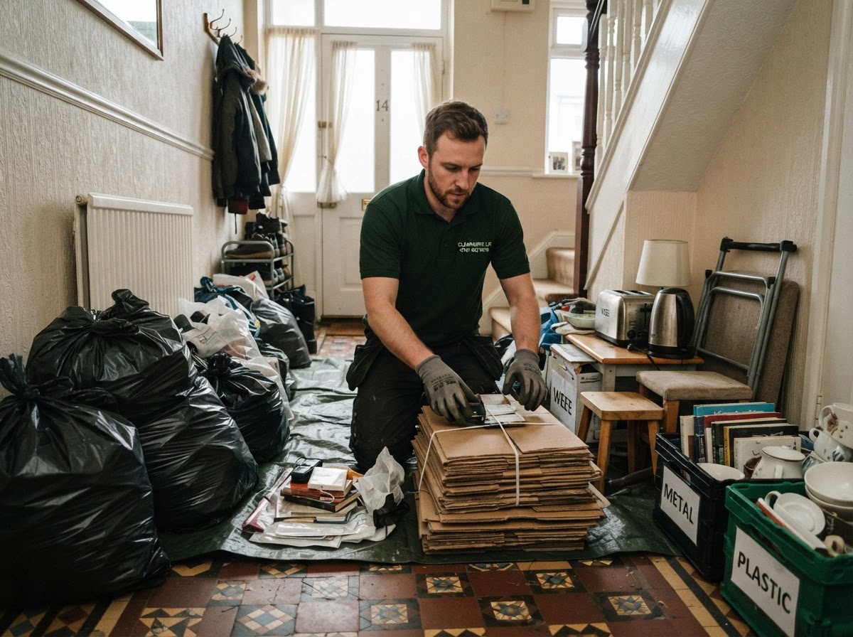 A clearance worker sorting mixed household waste into neat stacks for responsible disposal