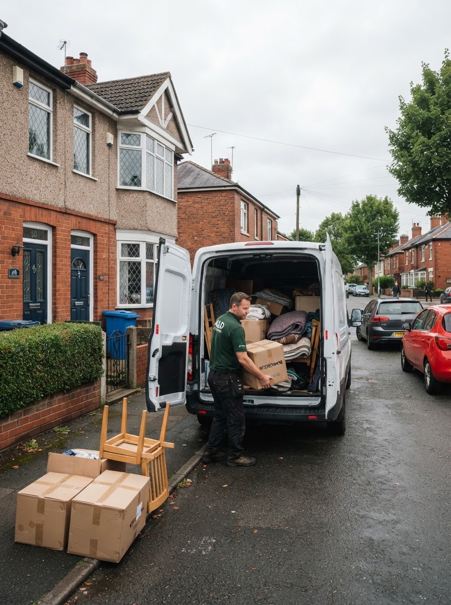 White panel van being loaded outside a property