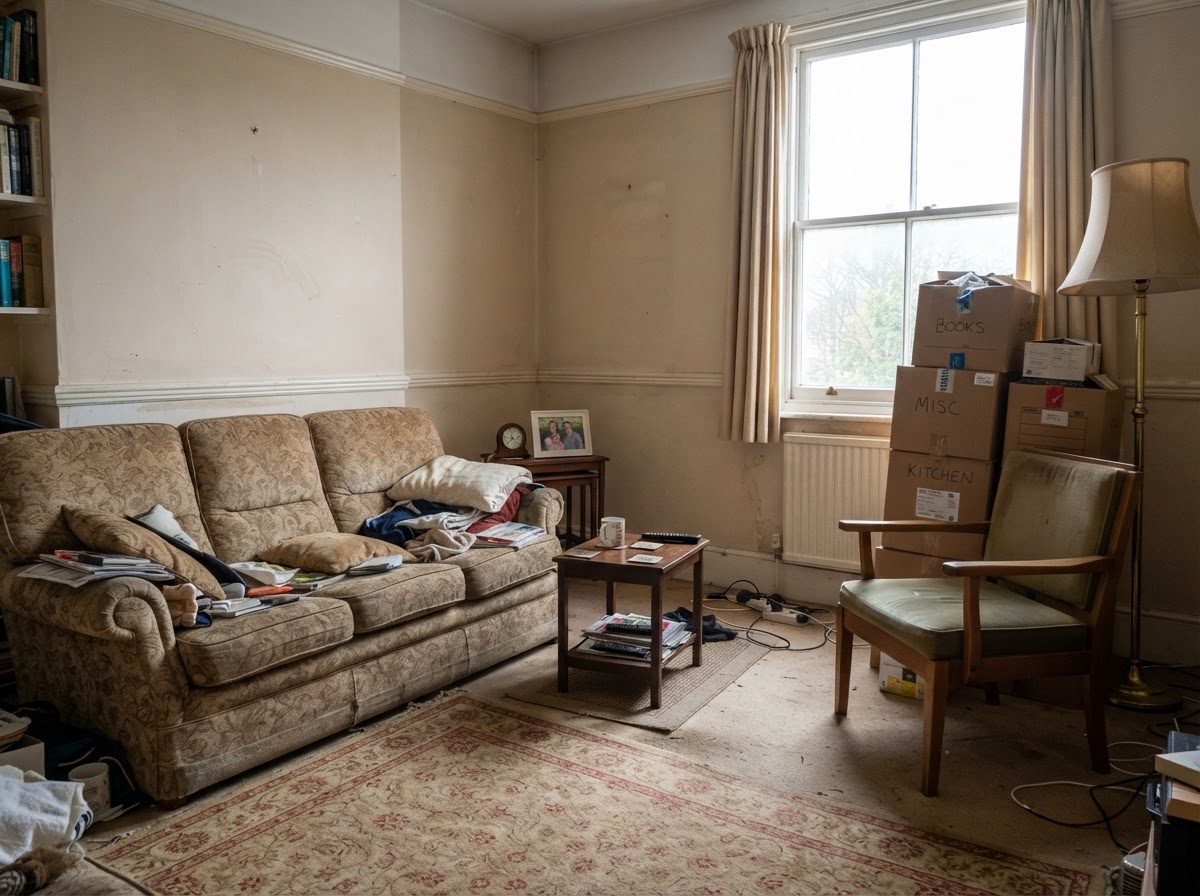 A furnished room corner before furniture removal