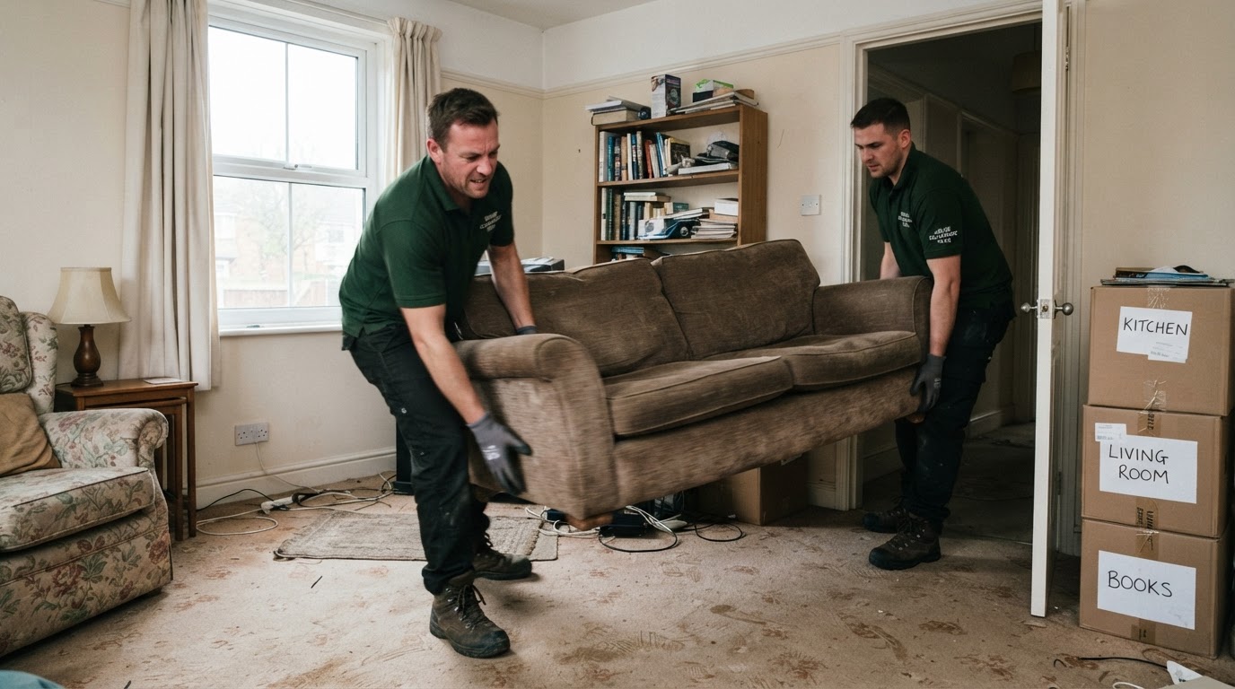 A clearance worker lifting a sofa during a partial house clearance in a British home