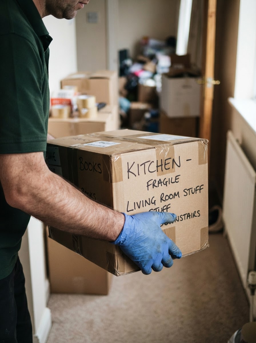 Gloved hands lifting a labelled box during a clearance