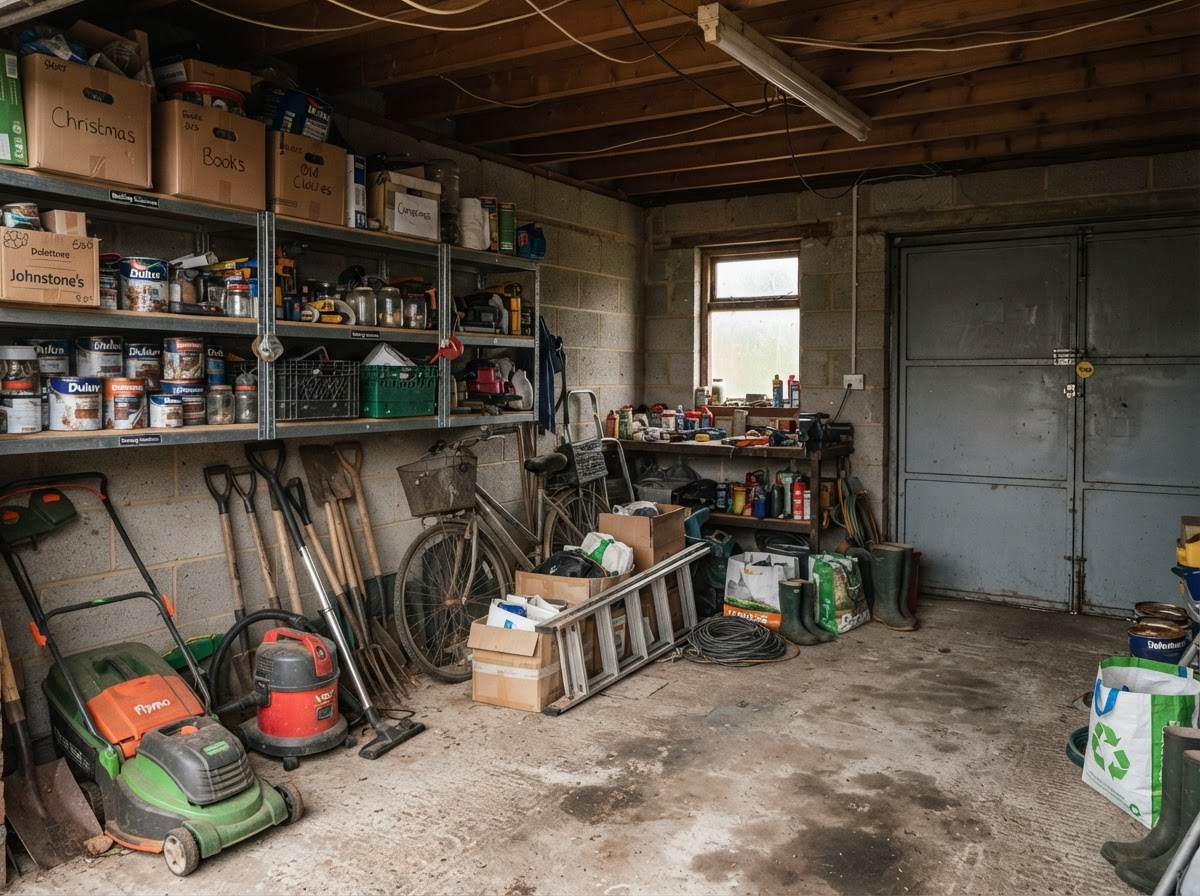 A garage filled with accumulated stored items before clearance