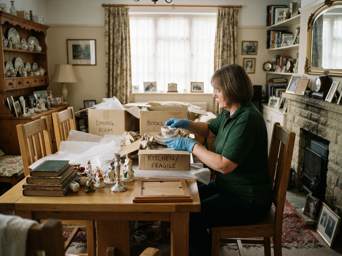 A clearance worker in gloves carefully sorting and packing delicate household items during a sensitive probate clearance