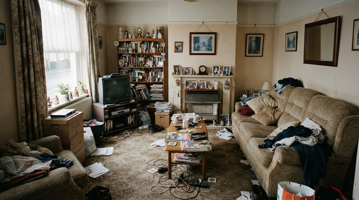Property living room before clearance, filled with accumulated furniture and boxes