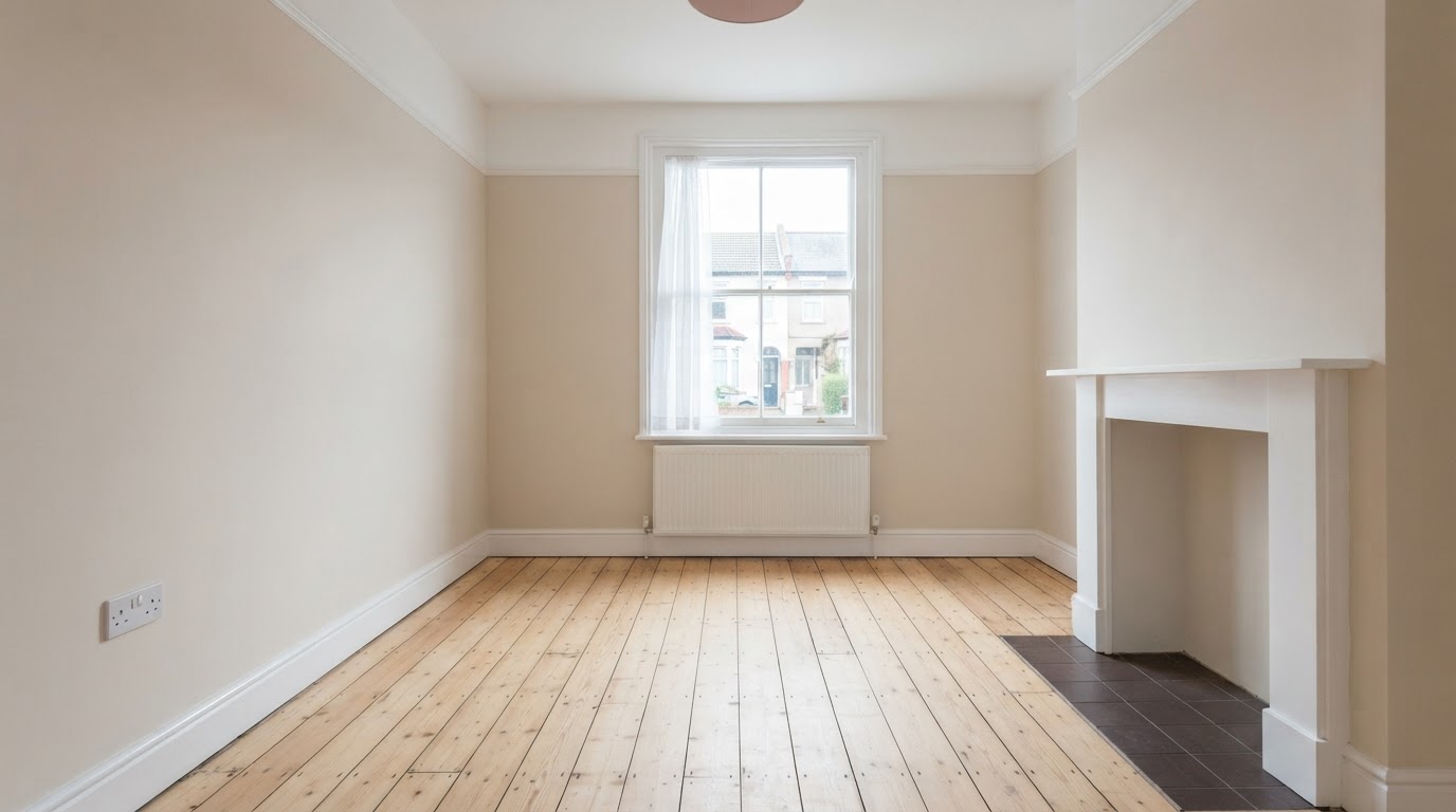 The same living room after a full house clearance, clean and empty