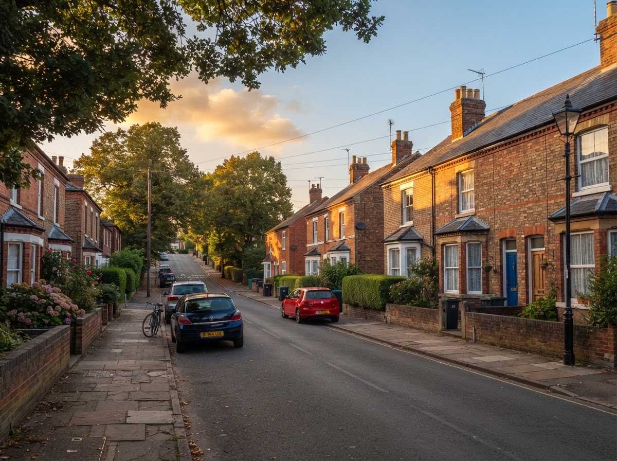 A quiet residential street of modest brick houses in a small English town at golden hour