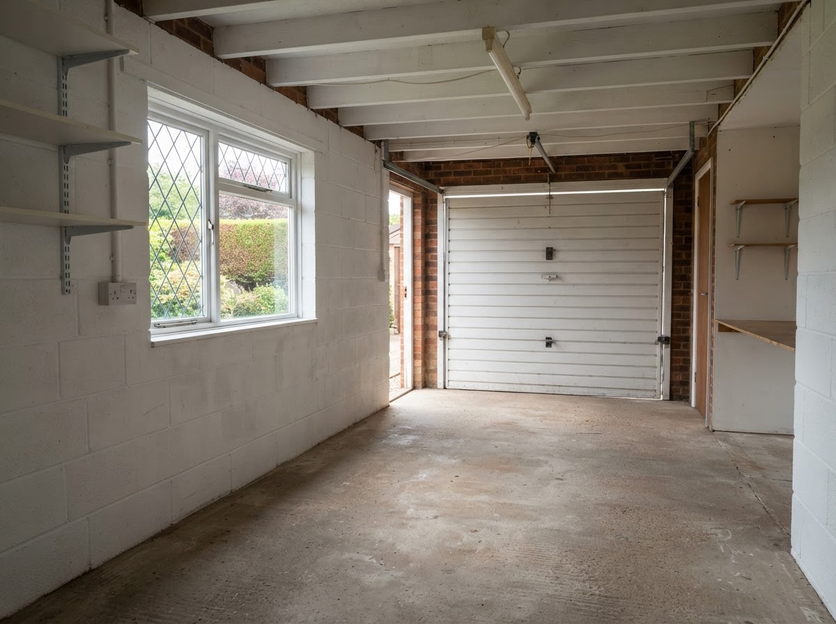 The same garage swept empty after clearance