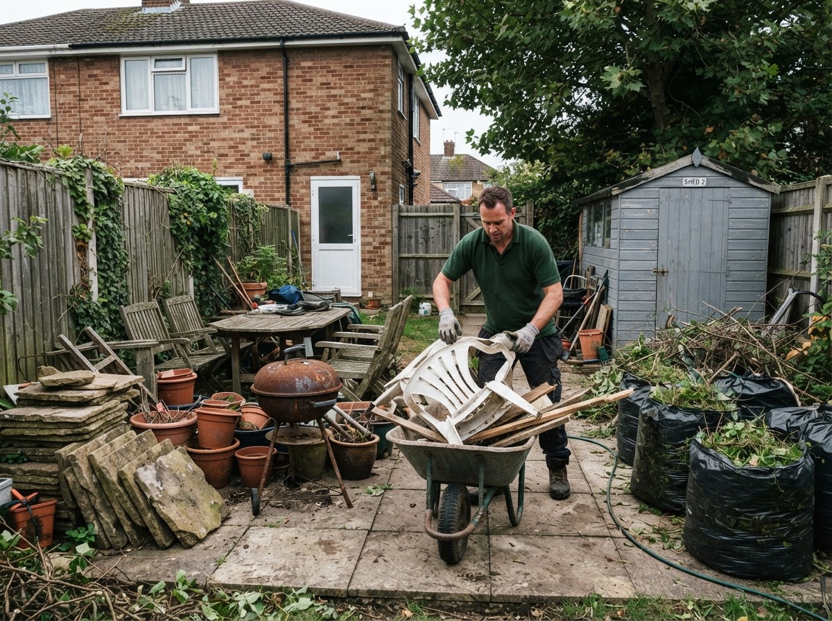 A rear garden with old furniture and cleared green waste being loaded into a wheelbarrow
