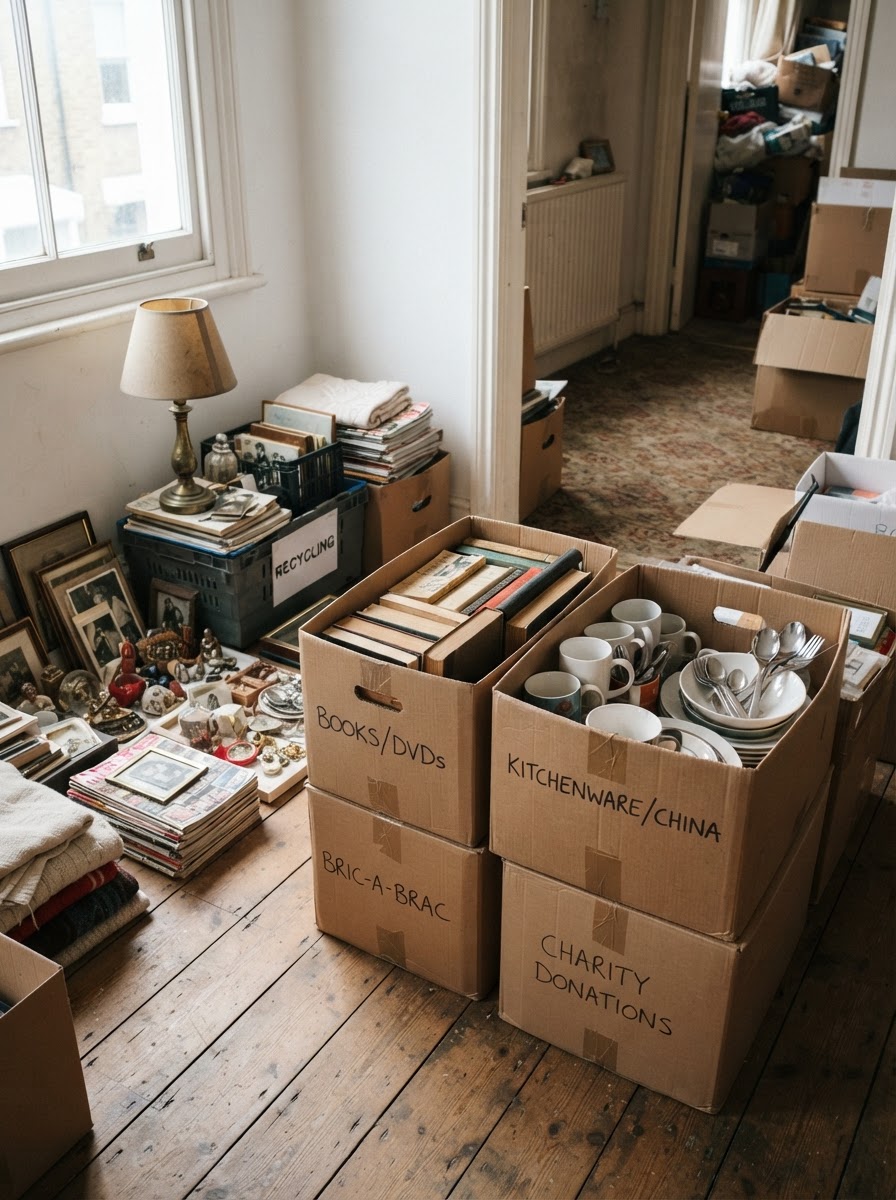 Sorted household contents stacked neatly for responsible disposal