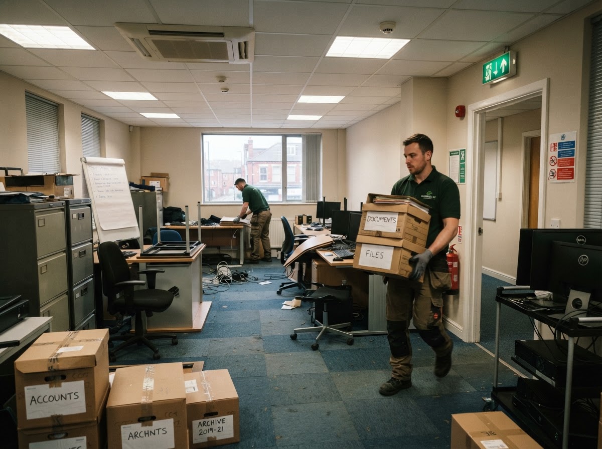 An office being cleared of desks, chairs and filing cabinets during a commercial clearance