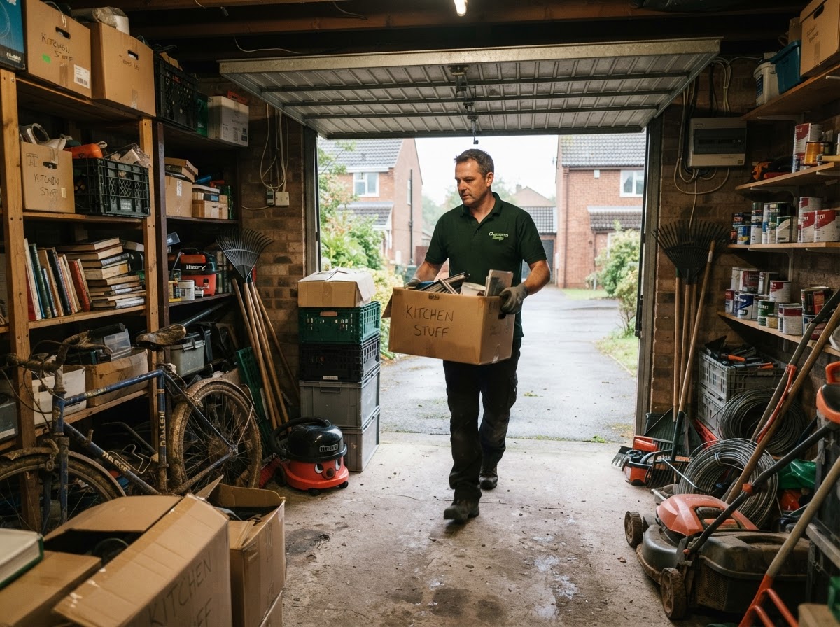 A domestic garage filled with stored boxes and tools being cleared of its contents