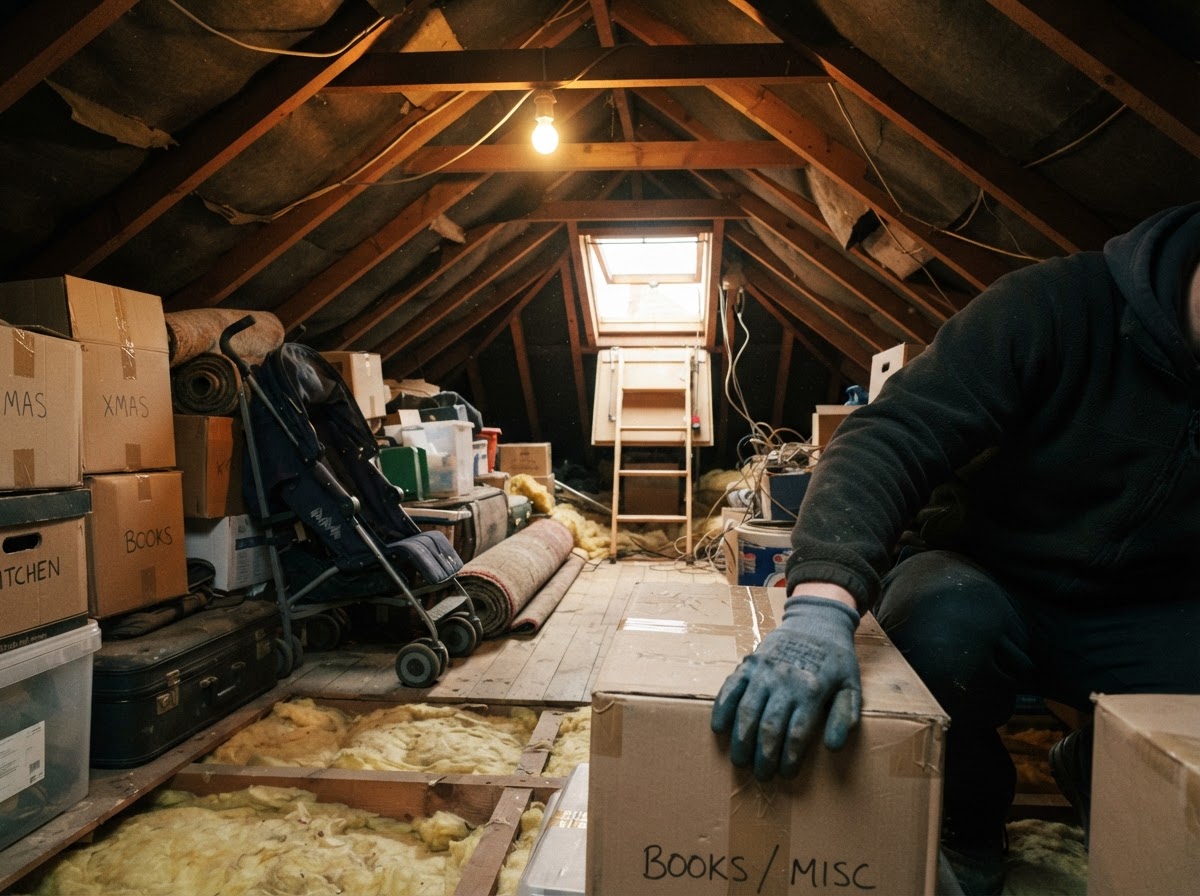 A domestic loft filled with stored boxes and suitcases being cleared under wooden rafters