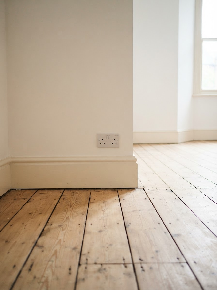 A swept empty room with bare floorboards after a clearance