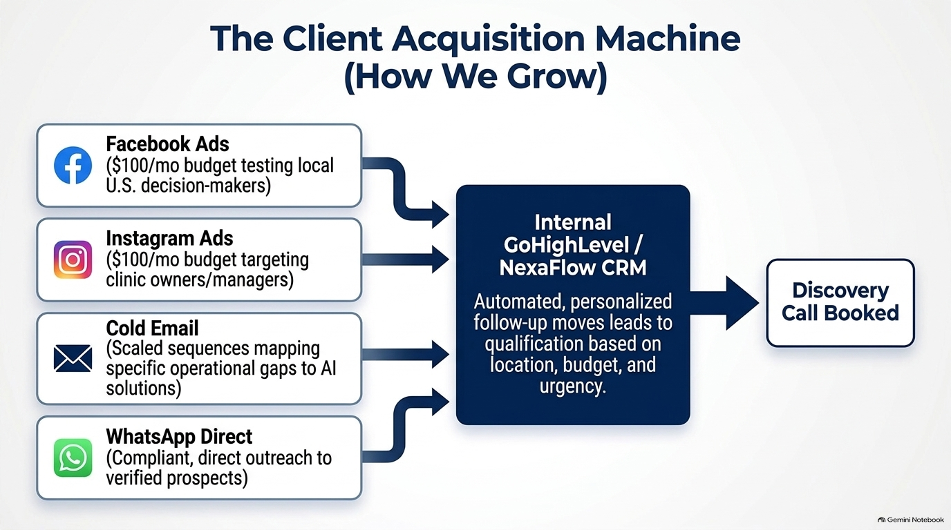 The Client Acquisition Machine (How We Grow): Facebook Ads, Instagram Ads, Cold Email, and WhatsApp Direct routed into internal CRM for automated qualification and Discovery Call Booked