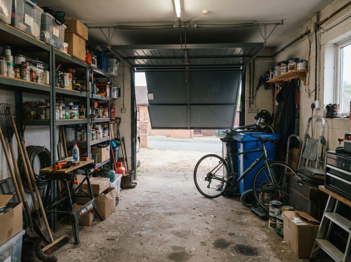 A British garage filled with tools, boxes and stored household items