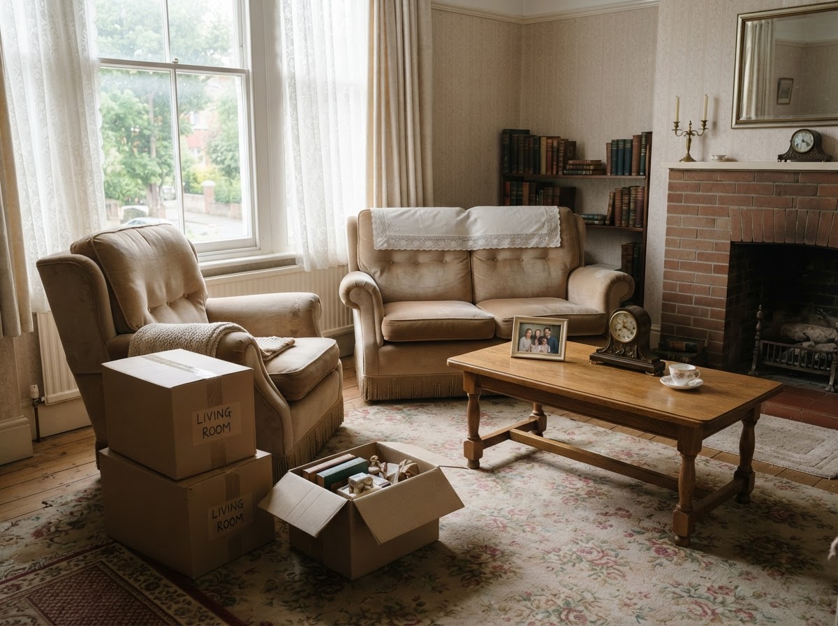 A quiet living room respectfully prepared for an inherited-property clearance