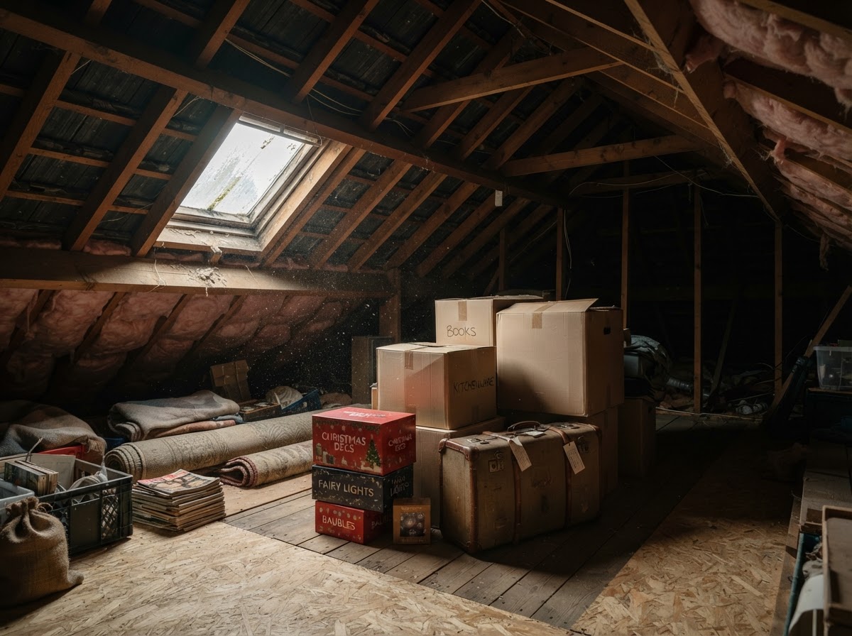 A UK loft with cardboard boxes and stored belongings