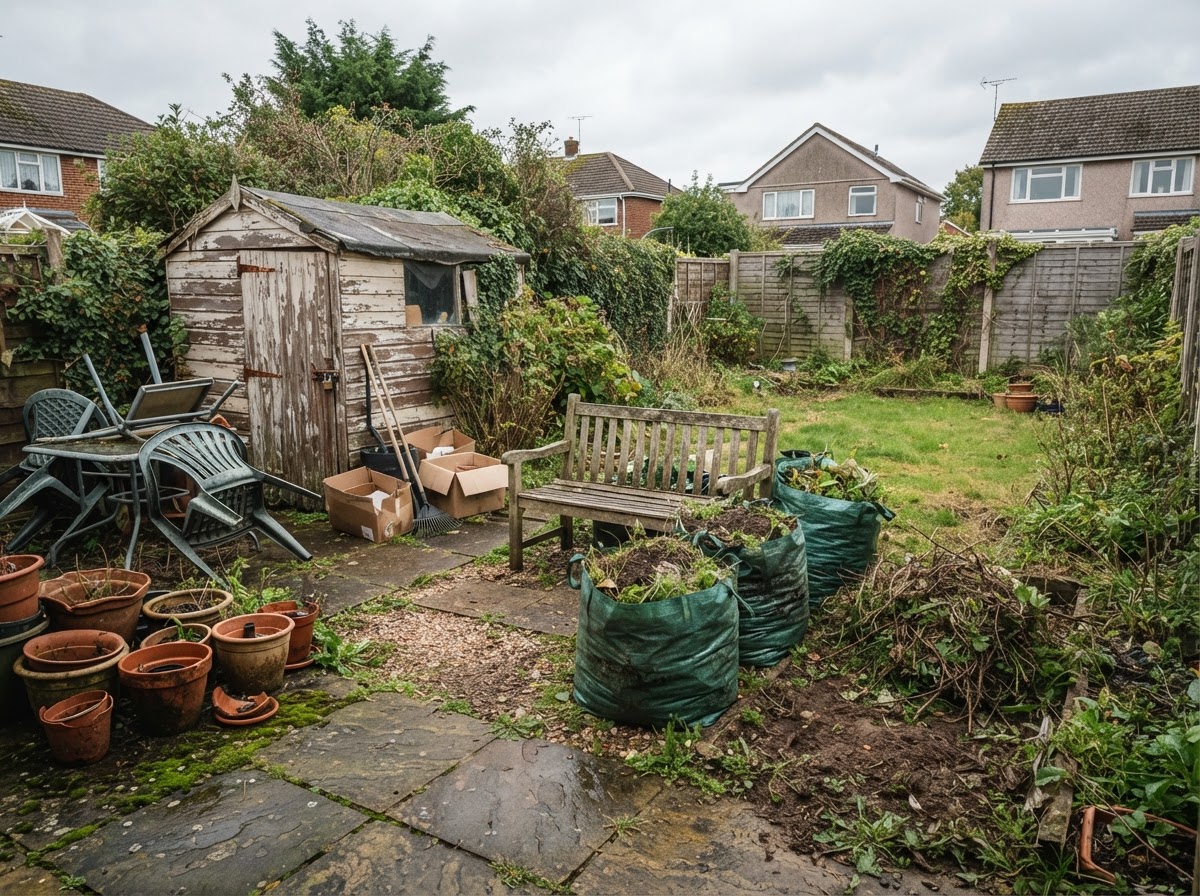 Garden furniture and cleared green waste in a suburban garden