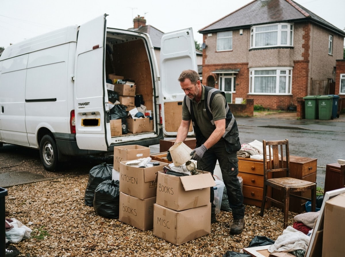 A clearance worker sorting and stacking boxes of household contents