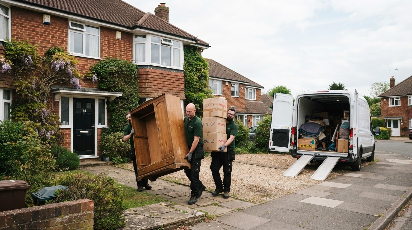 Clearance workers carrying furniture and boxes out of a UK home