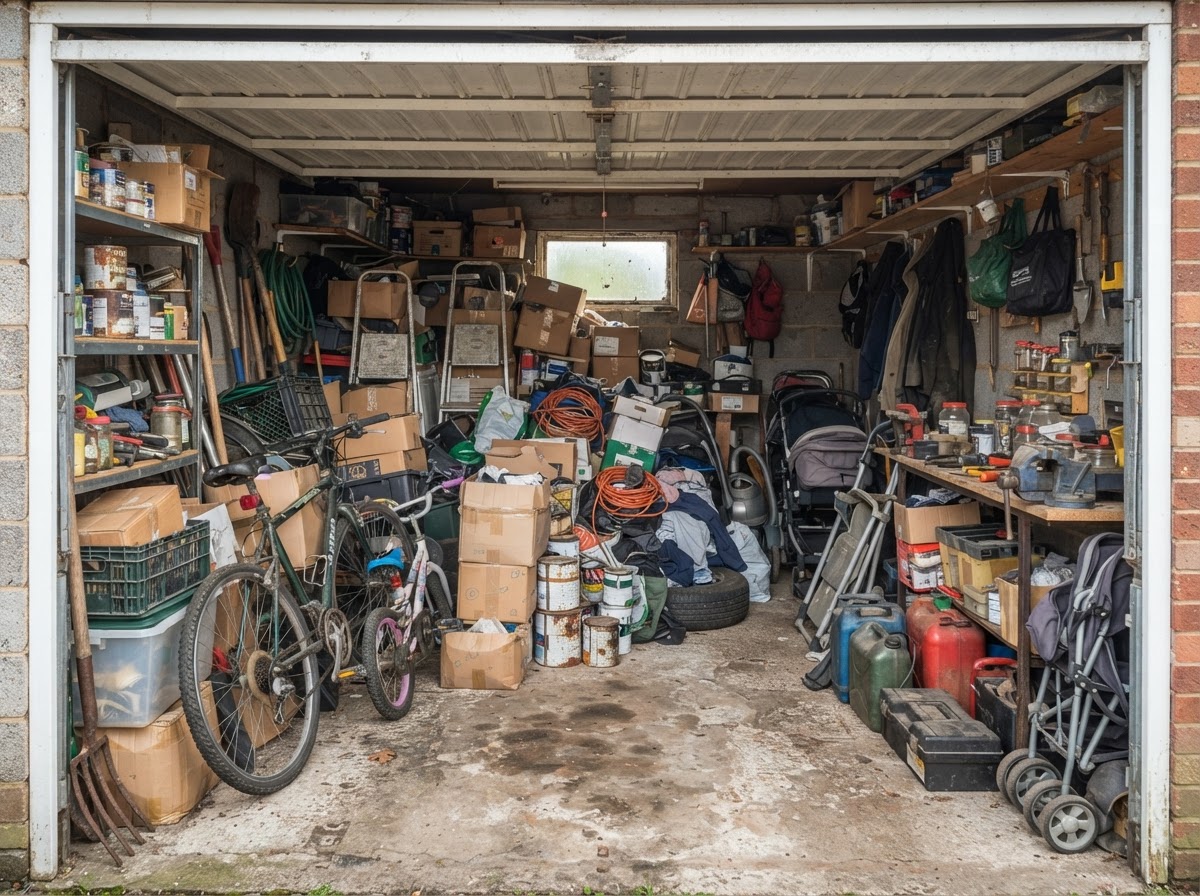 A cluttered garage before clearance