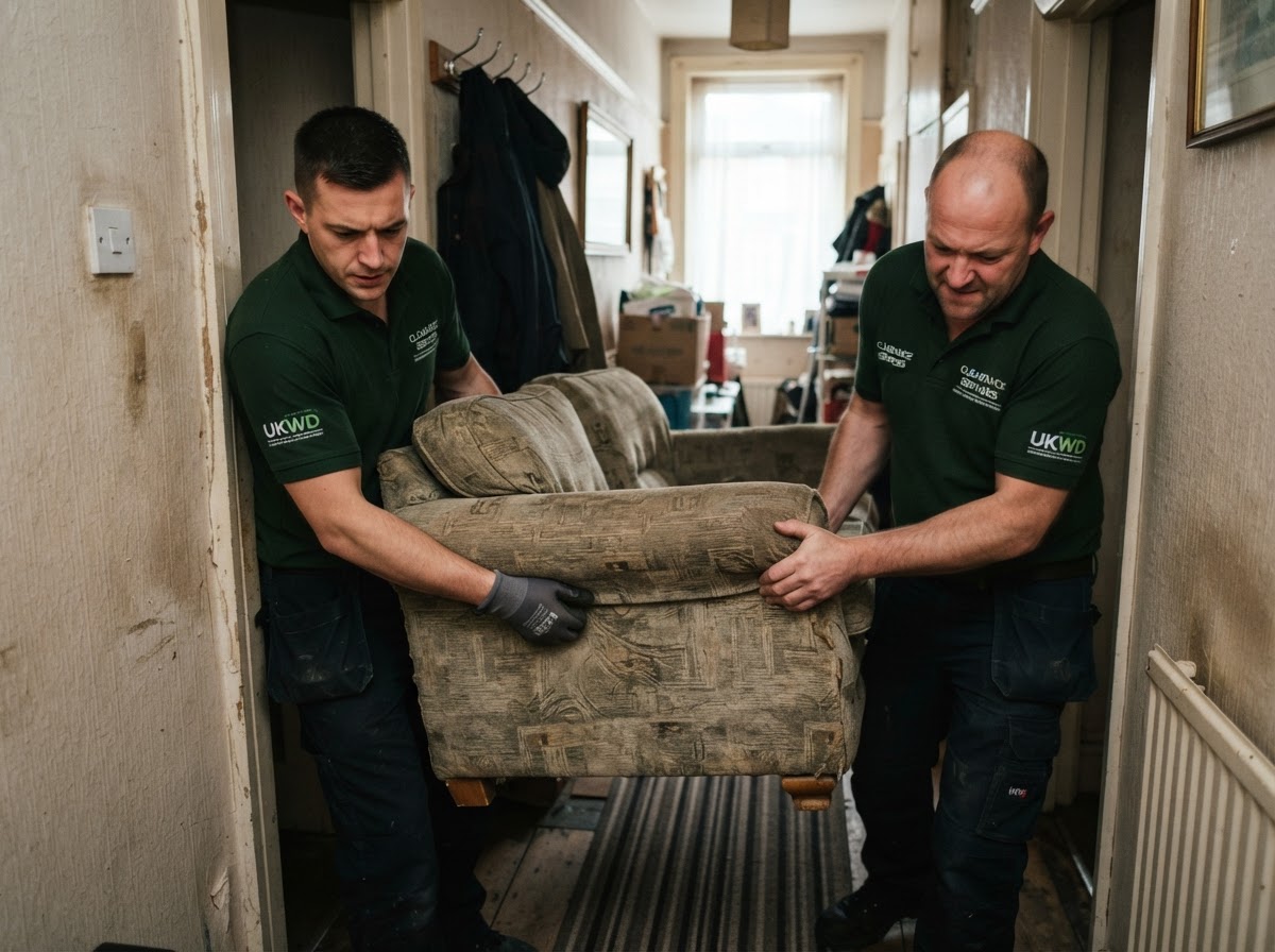 Two workers carrying a sofa through an interior doorway