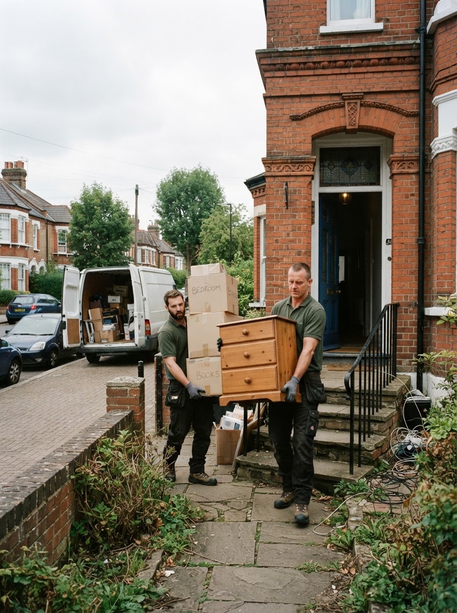 Professional clearance team carefully removing furniture from a Sutton Coldfield home