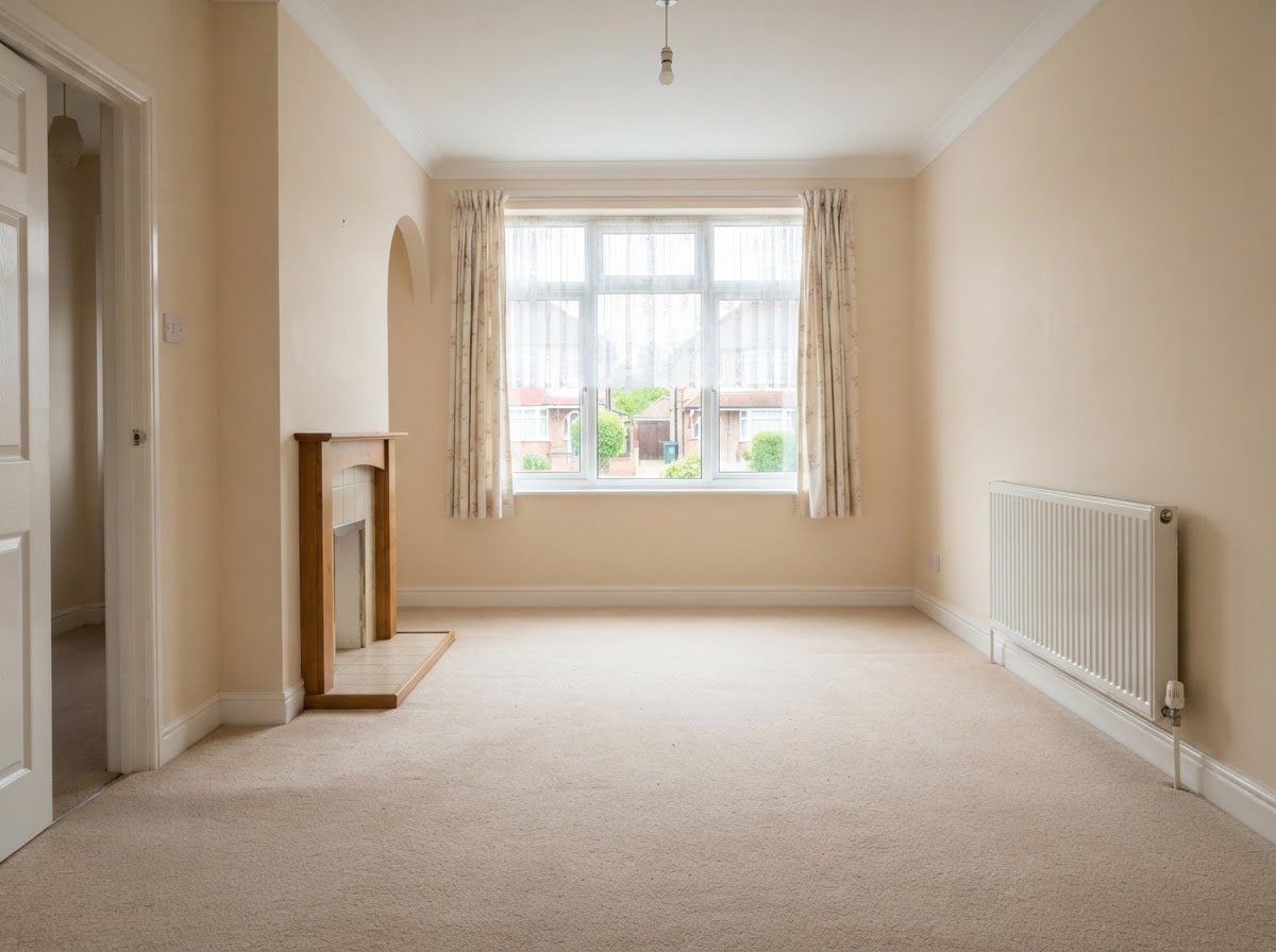 A bright empty living room cleared and left clean ready for sale