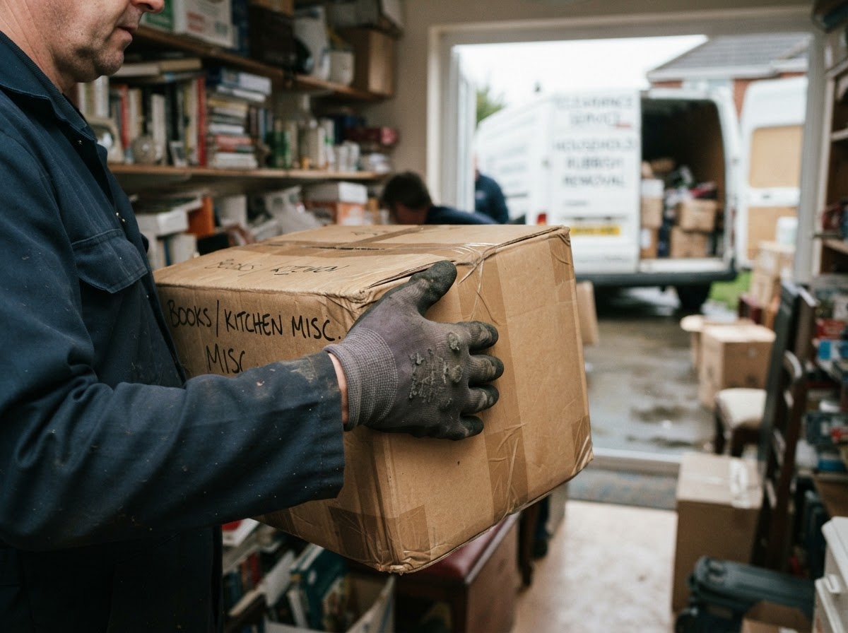A clearance worker wearing gloves carefully lifting a sealed box