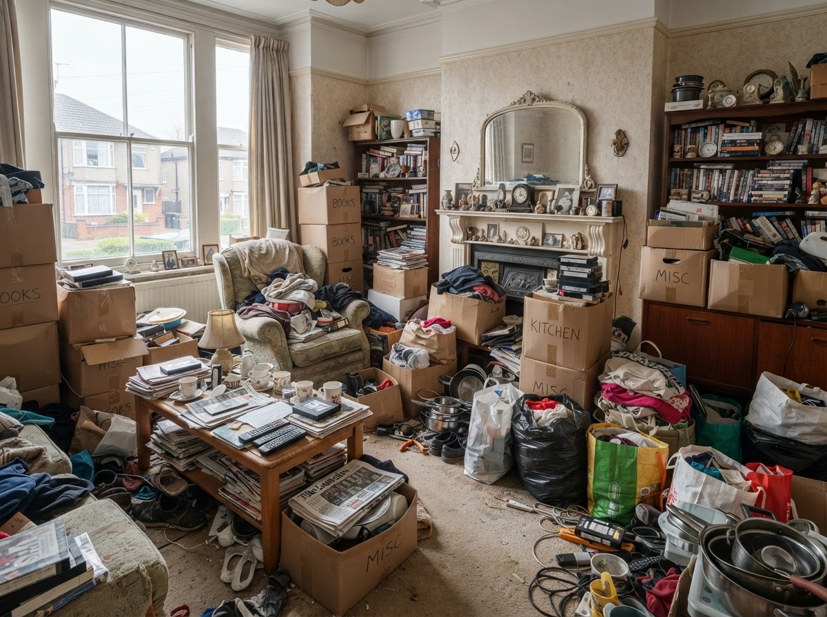 A cluttered living room before clearance
